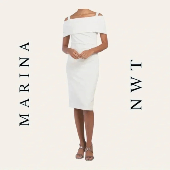 0446W. NWT MARINA DRESS MIDI LENGTH WHITE IN‎ COLOR SIZE 8 OFF SHOULDERS - Picture 1 of 13